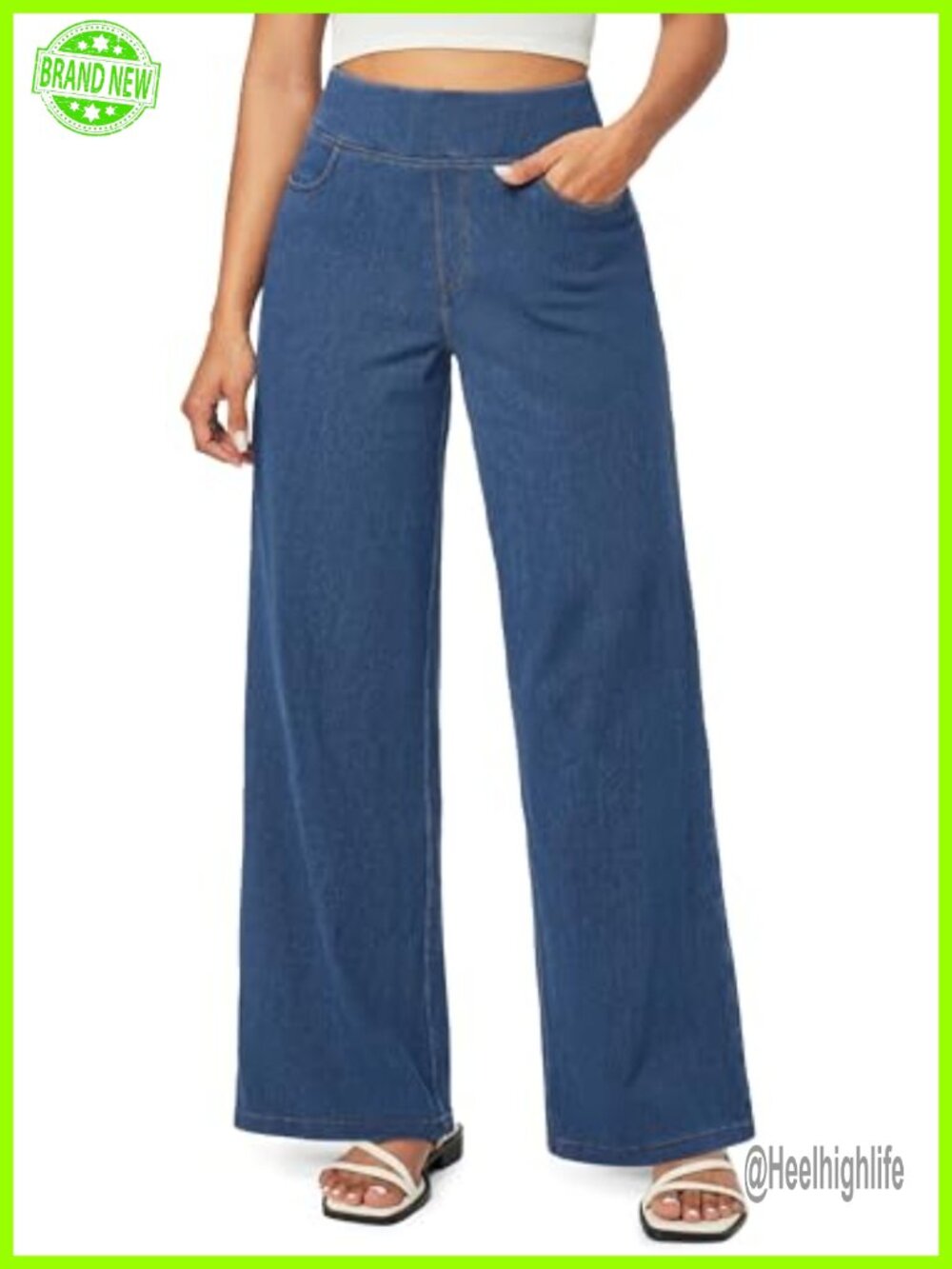Wide Leg High Waisted Pull On Stretch Denim Jeans